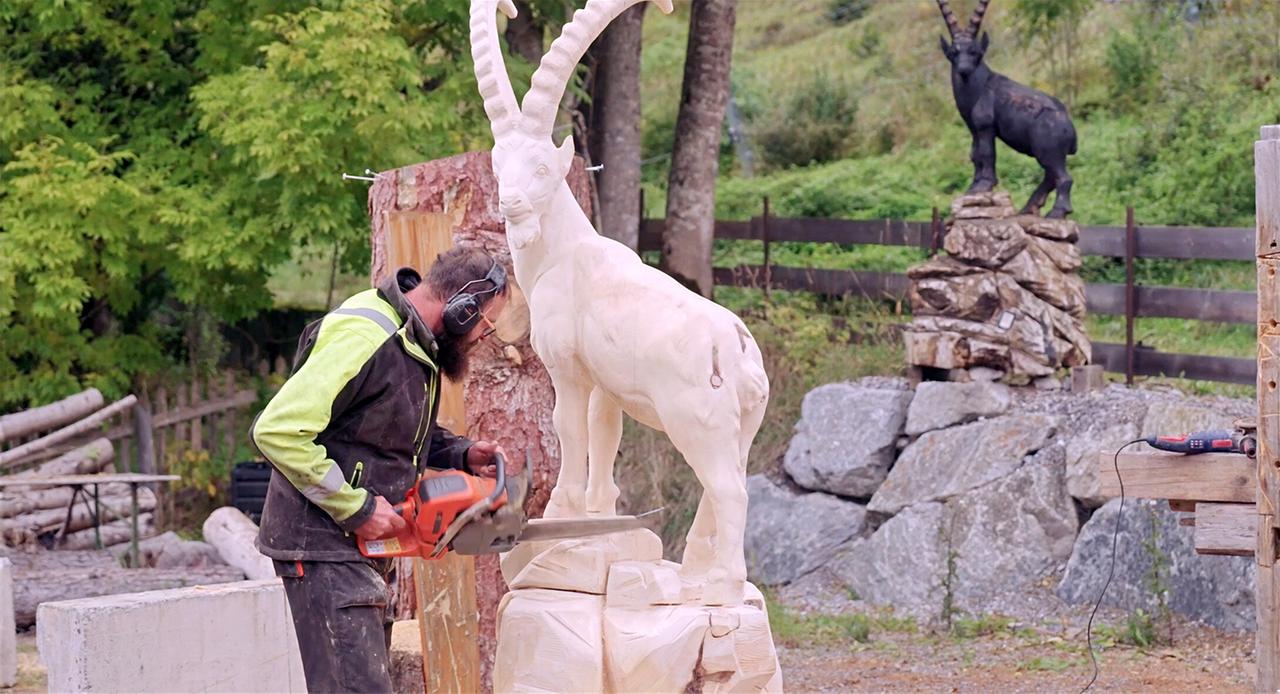 Das Bild zeigt einen Handwerker, der an einer Holzskulptur eines Steinbocks arbeitet. Er trägt eine schützende Kleidung, einschließlich eines gelben und schwarzen Overalls sowie Ohrenschützern. In seinen Händen hält er eine Motorsäge, mit der er feinfühlig an der Statue arbeitet. Die Skulptur ist derzeit grob bearbeitet und noch nicht vollkommen fertiggestellt.   Im Hintergrund sind weitere Holzstämme und eine natürliche Umgebung sichtbar, mit Bäumen und Felsen. Vetrop im Hintergrund ist eine bereits fertige, schwarze Skulptur eines Steinbocks auf einem Steinhaufen zu sehen. Der Ort strahlt eine künstlerische und handwerkliche Atmosphäre aus.