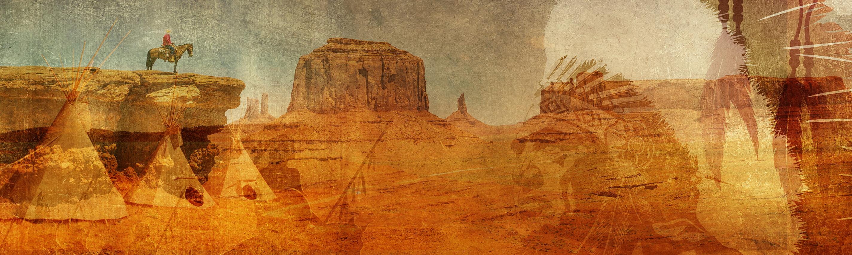 eine felsige Landschaft, drei tipis, am Horizont ein Reiter, Federschmuck eines Indianers