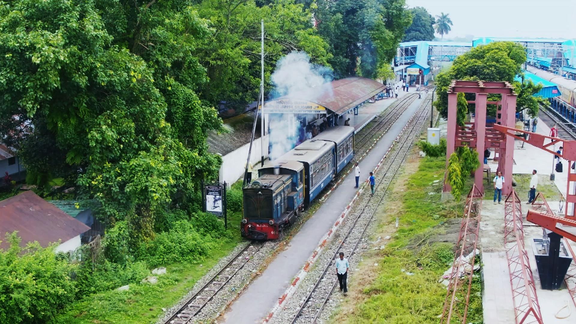 Ein Zug mit zwei Waggons steht auf einem Gleis an einem kleinen Bahnhof. Links neben dem Zug stehe einige große Bäume, rechts verlaufen einige weitere Gleise.