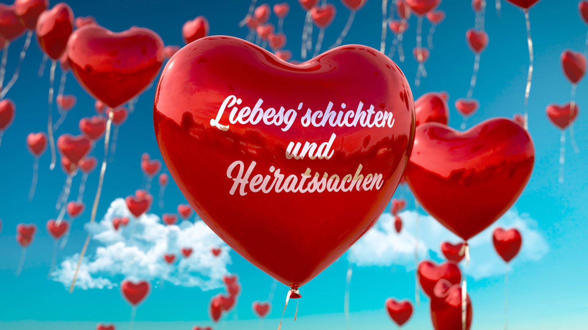  rote Luftballons vor blauem Himmel, ein Ballon trägt den Schriftzug "Liebesgeschichten und Heiratssachen"