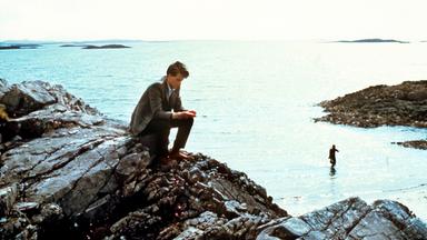 Ein Junger Mann im Anzug sitzt auf einem Felsen. Im Hintergrund sieht man das Meer und eine kleine Bucht, aus der eine Person im Tauchanzug aus dem Wasser steigt.