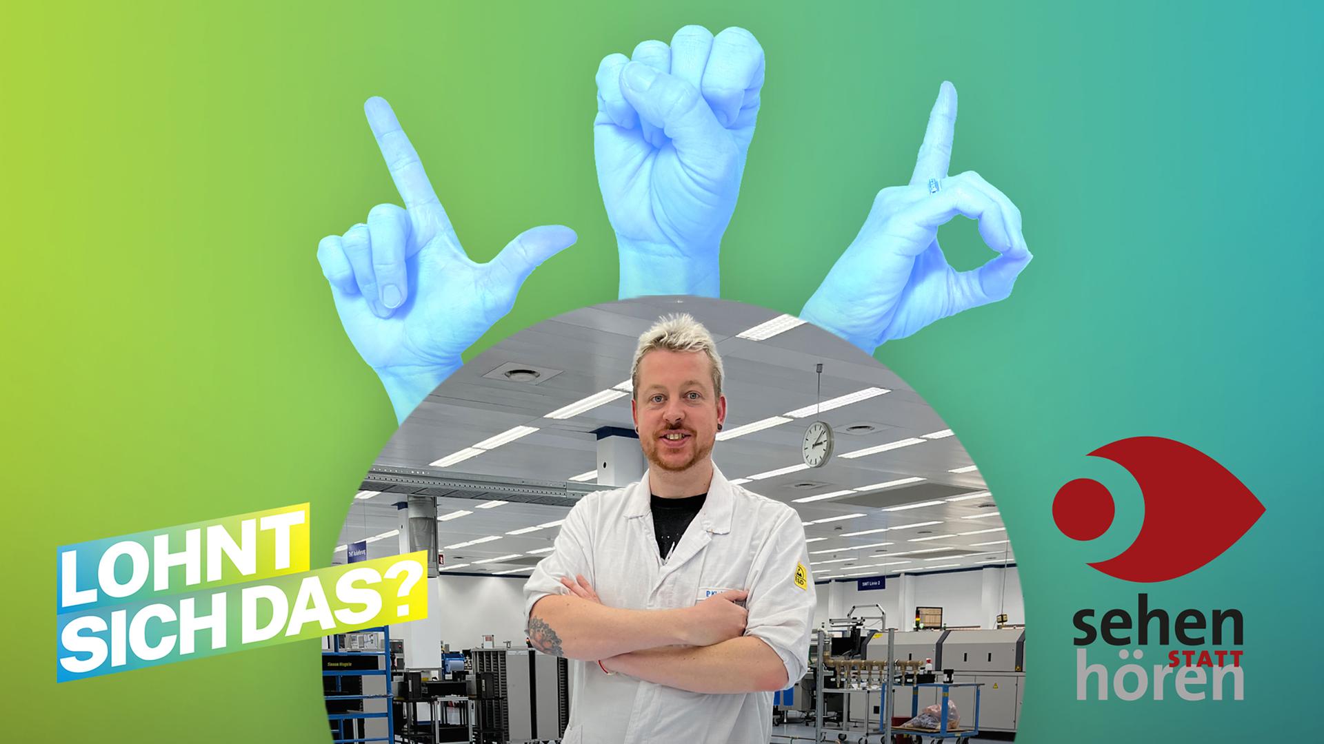 Mann im weißen Kittel mit verschränkten Armen in einer Fabrik