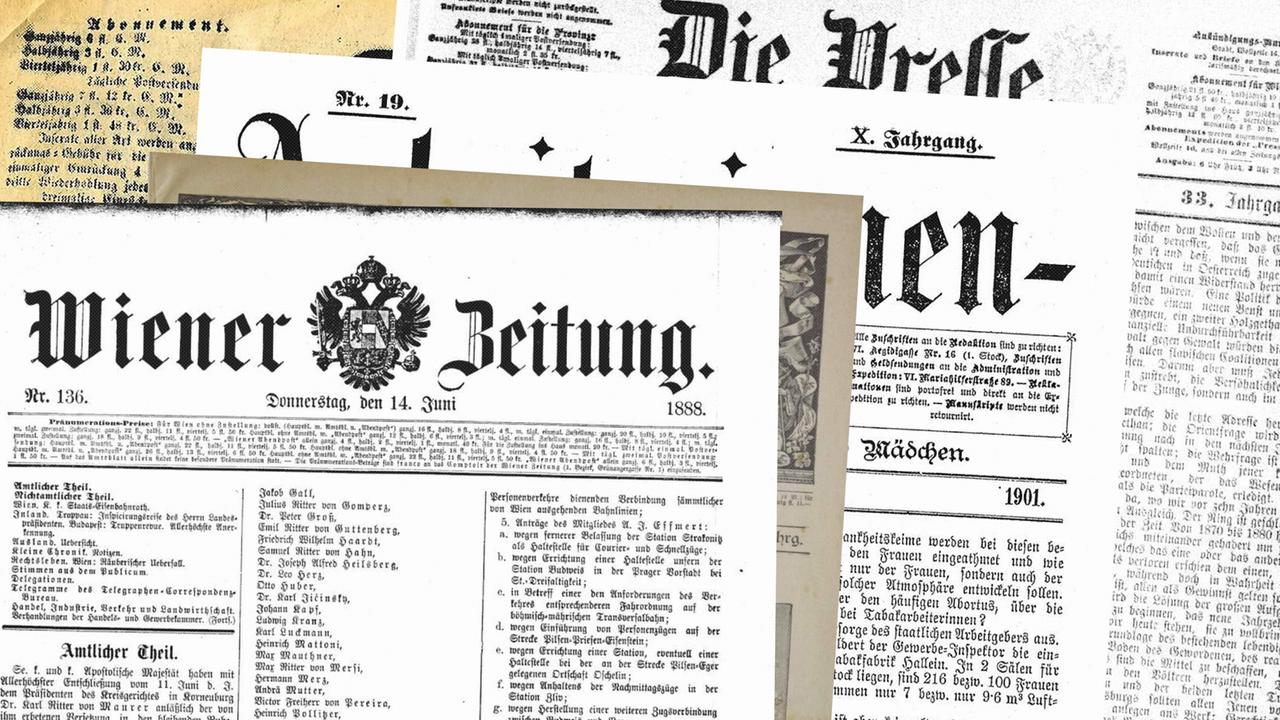 Das Bild zeigt mehrere historische Zeitungsseiten, die übereinander angeordnet sind. Die Zeitungen tragen verschiedene Titel, darunter "Wiener Zeitung" und "Die Presse". Die Seiten sind in unterschiedlichen Zuständen: einige wirken älter und vergilbt, während andere klarer und deutlicher sind.   Der größte Teil des Bildes wird von der "Wiener Zeitung" eingenommen, die oben gut lesbar ist und das Datum, den 14. Juni 1888, anzeigt. Auf der linken Seite befindet sich ein Wappen, das die Zeitung als offiziell kennzeichnet. Die Schrift ist in traditionellem Druckstil gehalten, mit dekorativen Elementen.   Im Hintergrund sind weitere Zeitungsartikel sichtbar, deren Inhalte schwer lesbar sind, aber ebenfalls in deutscher Sprache verfasst sind. Der Gesamteindruck vermittelt eine historische Atmosphäre, die das Thema der Desinformation und der Manipulation in der Geschichte widerspiegelt.
