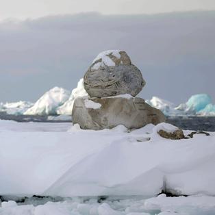 Eine Holzbank, auf der ein Mensch in roter Jacke sitzt und auf eine Wasserfläche mit vielen Eisbergen schaut.