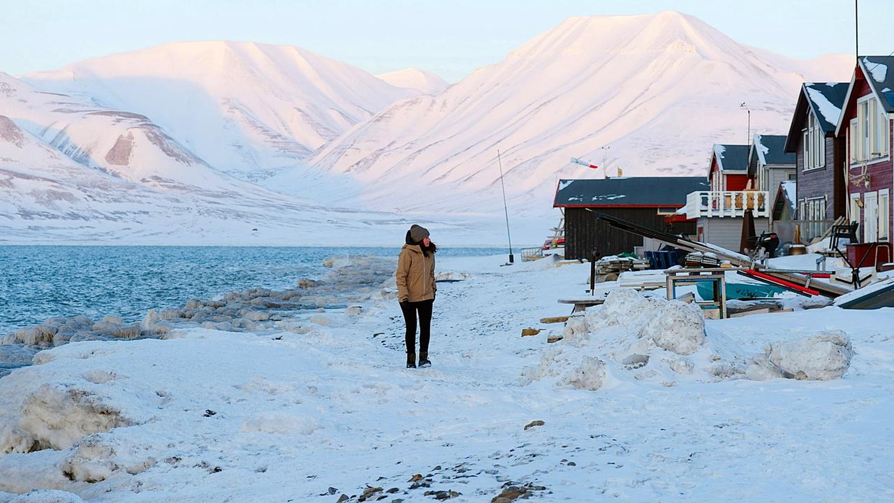 Eine Frau steht neben Eisbergen und vier Häusern