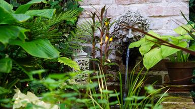 Das Bild zeigt einen Gartenbereich mit üppigem Grün, Pflanzen und einem Wasserfall, der aus einem Wandstück mit einer dekorativen Maske fließt. Umgeben ist der Bereich von verschiedenen Blättern und Sträuchern.