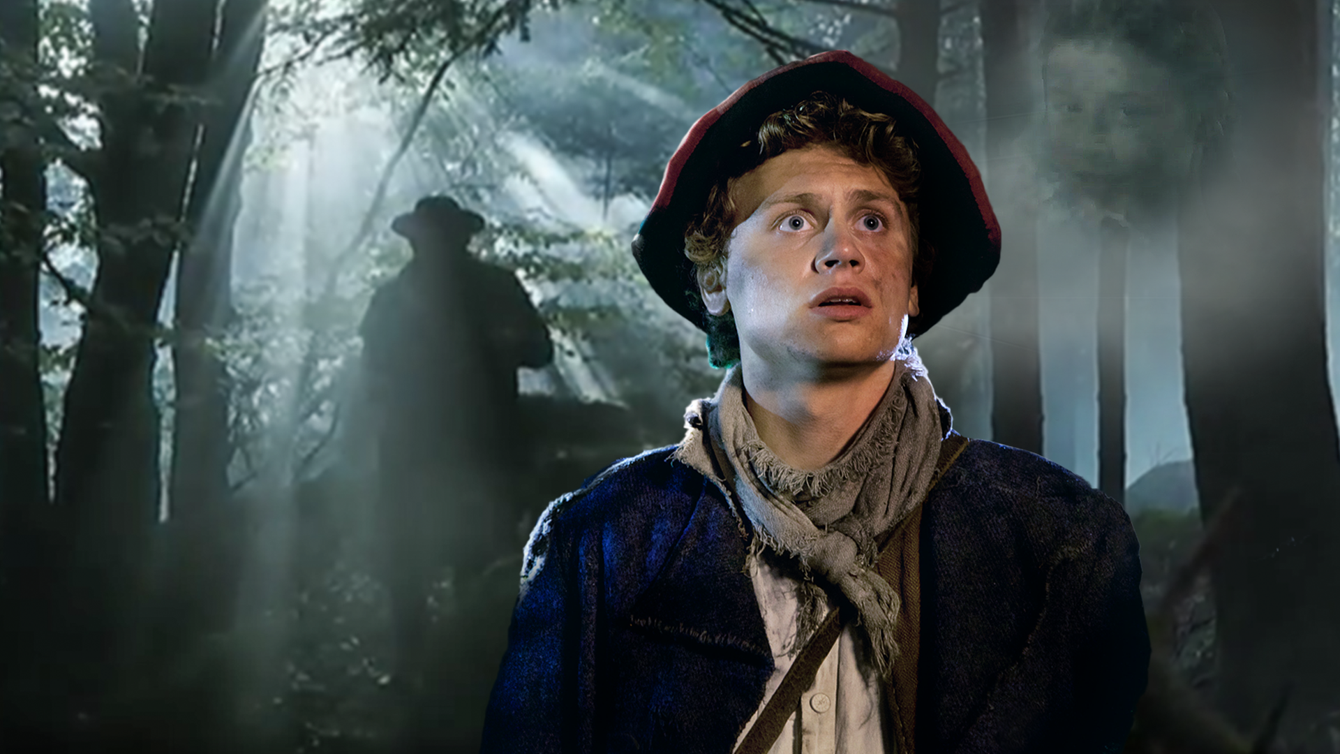 Peter Munk (Rafael Gareisen) steht mitten im Wald. Nebel zieht auf und es ist noch düster. Im Hintergrund steht als Schatten der Waldgeist Holländer-Michel.