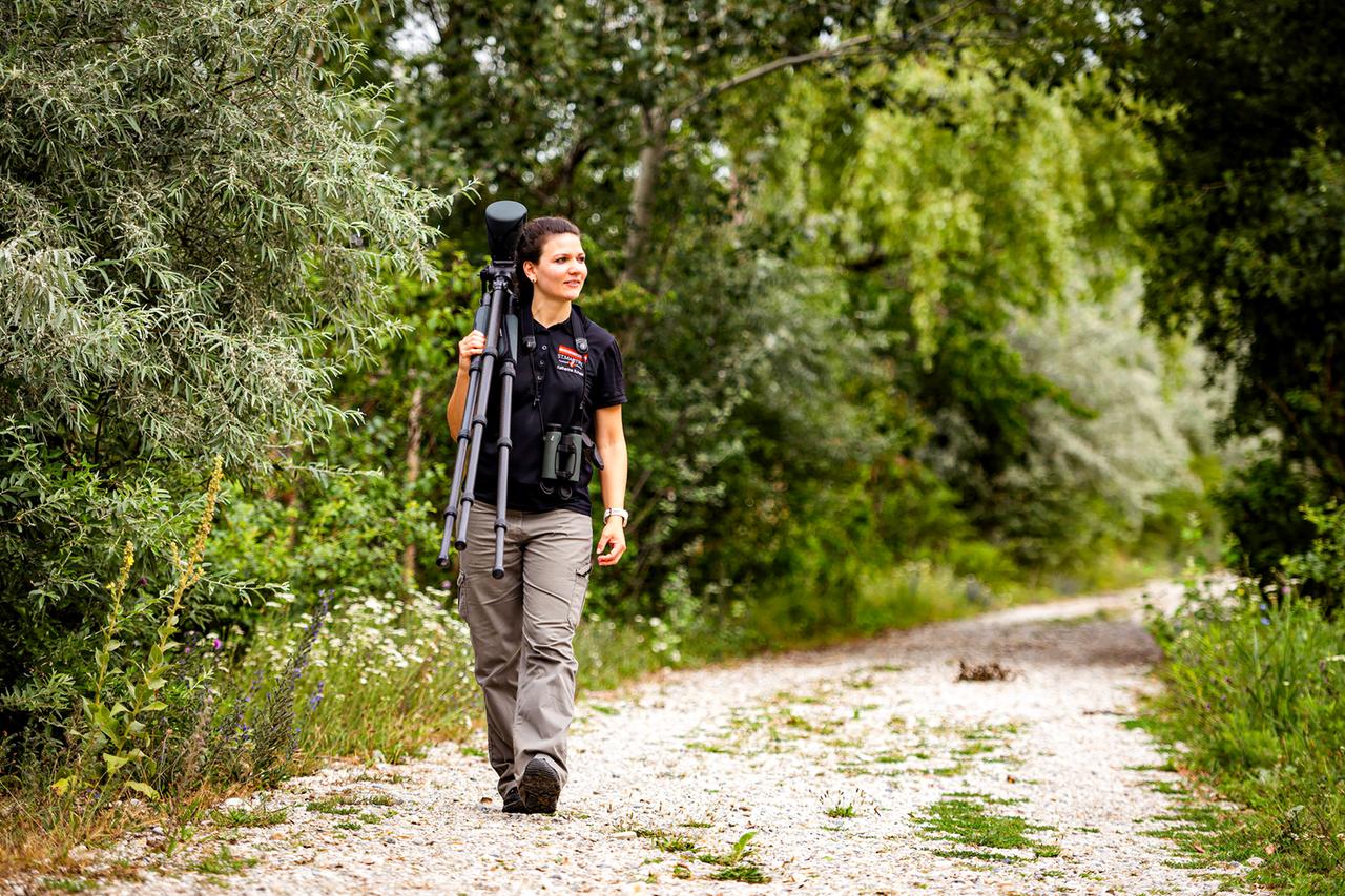 Frau trägt ein Stativ und läuft auf einem Weg.