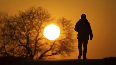 Silhouette eines dickt angezogenen Mannes vor der untergehenden Sonne, die durch die kahlen Äste eines Baumes scheint.