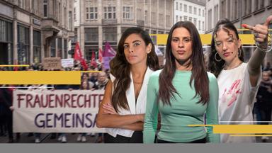 Moderatorin Salwa Houmsi, Rapperin Mariybu und Collien Fernandes stehen selbstbewusst vor einer Demonstration für Frauenrechte.