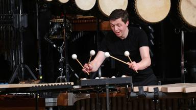 Ein junger Mann spielt auf der Bühne auf einem Marimbaphon. Hinter ihm sind Trommeln aufgereiht.