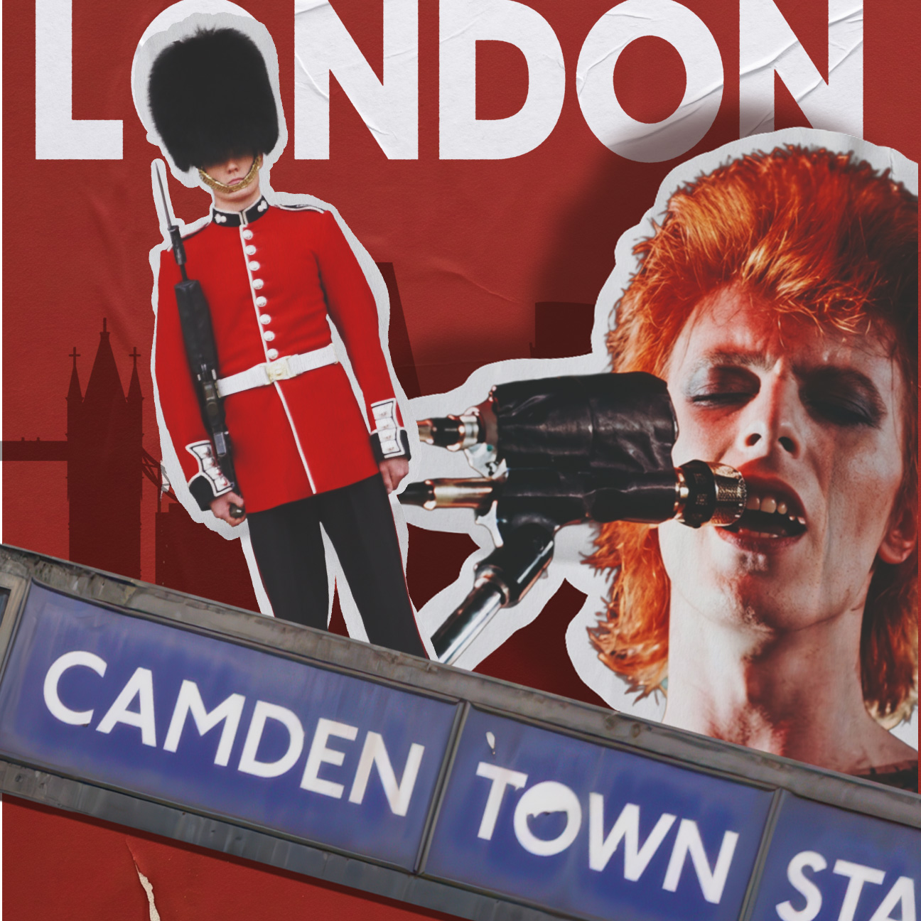Großer weißer Schriftzug "LONDON" auf rotem, plakatähnlich strukturiertem Hintergrund. Davor Collage mit rotem Doppeldeckerbus, Wachposten mit Bärenfellmütze, zwei singenden Bühnenfiguren an Mikrofonen, sowie einem schräg gesetzten „Camden Town“-Schild; im Hintergrund stilisierte Skyline mit Tower Bridge.