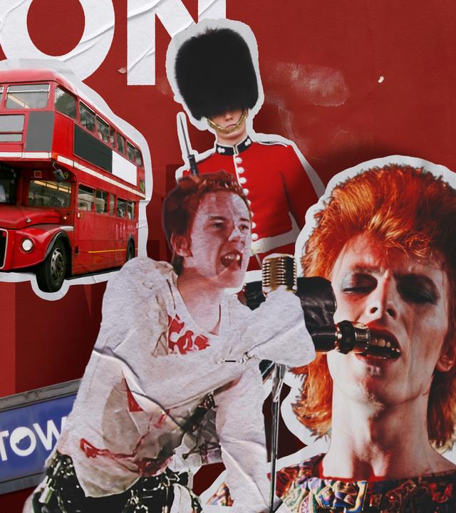 Großer weißer Schriftzug "LONDON" auf rotem, plakatähnlich strukturiertem Hintergrund. Davor Collage mit rotem Doppeldeckerbus, Wachposten mit Bärenfellmütze, zwei singenden Bühnenfiguren an Mikrofonen, sowie einem schräg gesetzten „Camden Town“-Schild; im Hintergrund stilisierte Skyline mit Tower Bridge.