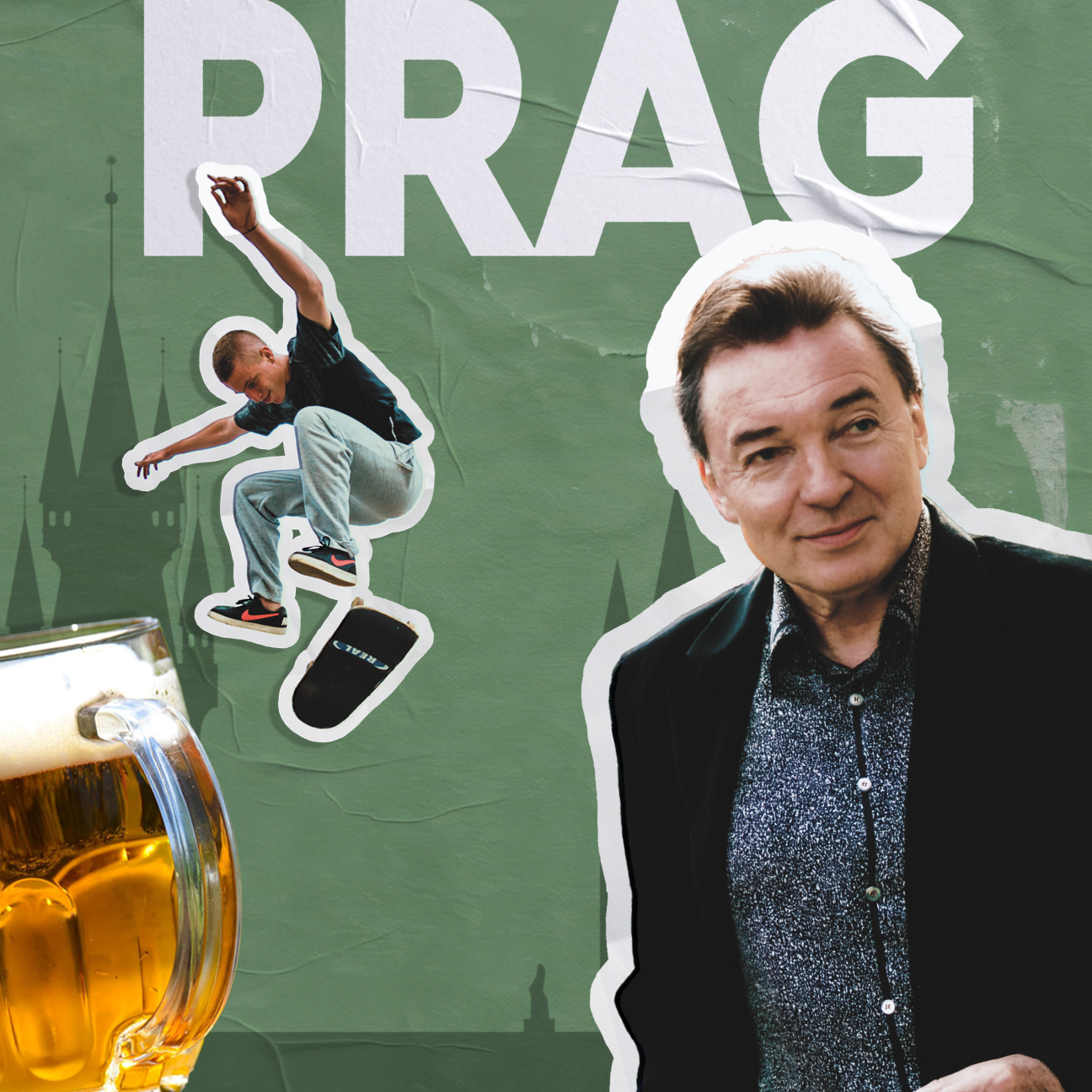 Großer weißer Schriftzug "PRAG" auf grünem, plakatähnlich strukturiertem Hintergrund. Davor Collage mit springender Skateboardfigur, schrägem Skateboard, Bierglas, metallischer Kopfskulptur und Porträtaufnahme; im Hintergrund stilisierte Silhouette mit Kirchtürmen und historischen Gebäuden. 
