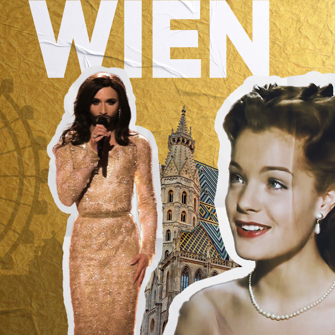 Großer weißer Schriftzug "WIEN" auf goldgelb strukturiertem Hintergrund. Davor Collage mit gelbem Sportwagen mit geöffneter Tür, mehreren Porträtaufnahmen, einer singenden Bühnenfigur am Mikrofon sowie historischen Bauwerken; im Hintergrund stilisiertes Riesenrad.