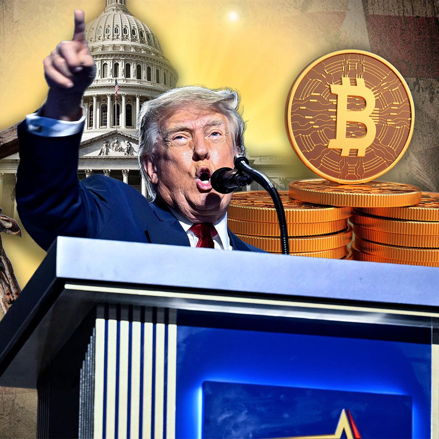 Eine Collage mit Donald Trump hinter einem Rednerpult mit ausgestrecktem Arm. Im Hintergrund das Capitol, ein Kreuz Christi und im Vordergrund Bitcoinmünzen.