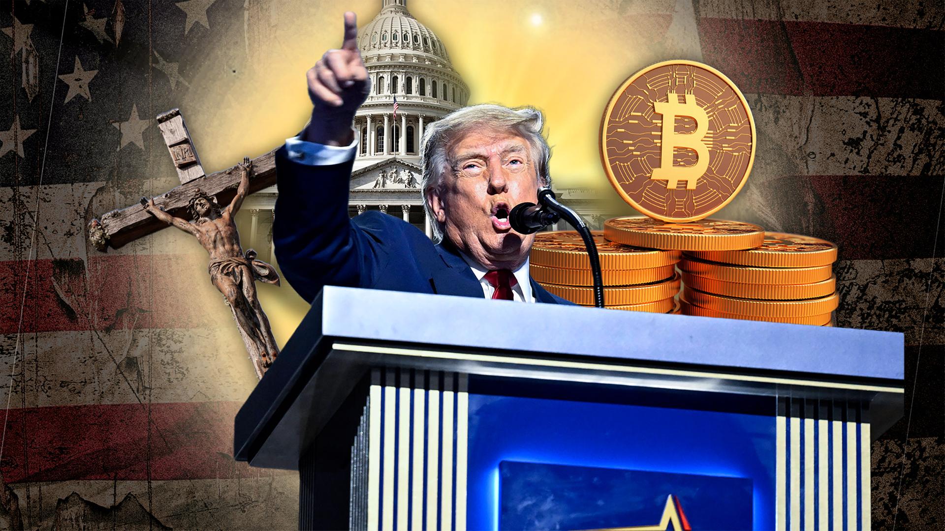 Eine Collage mit Donald Trump hinter einem Rednerpult mit ausgestrecktem Arm. Im Hintergrund das Capitol, ein Kreuz Christi und im Vordergrund Bitcoinmünzen.