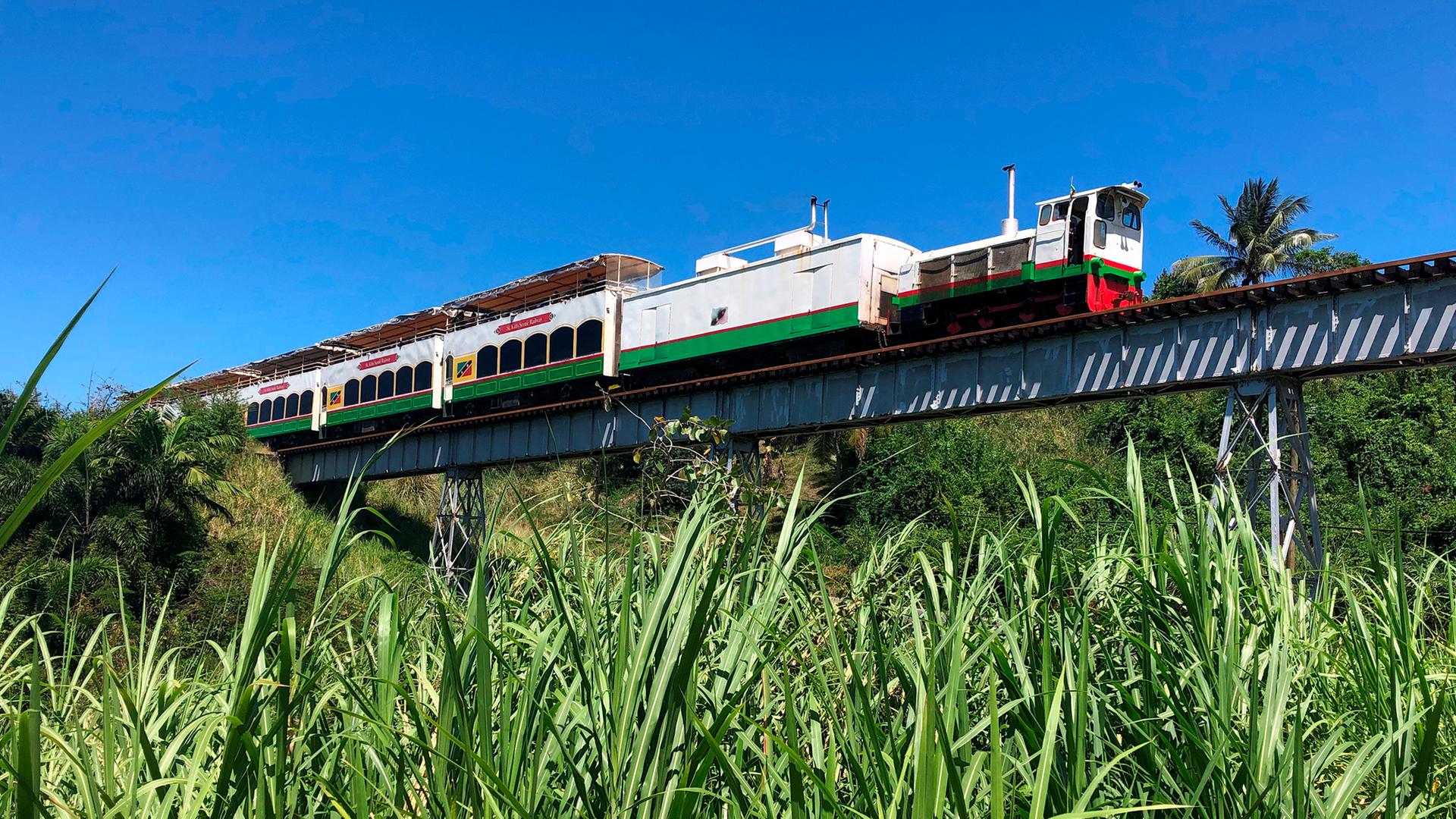 Ein Zug fährt über eine Brücke, im Vordergrund Gras