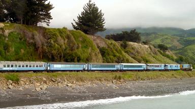 Ein Zug auf Schienen in der neuseeländischen Landschaft.