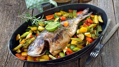 Gebackene und übergrillte ofenfrische Rosmarin-Dorade royal auf gemischtem Ofengemüse.