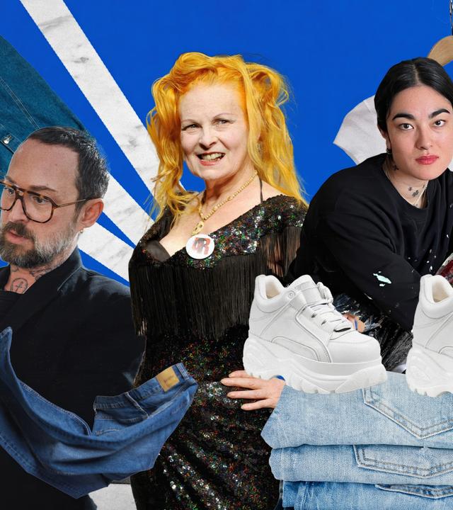 Der Hintergrund des Bildes ist blau. Man erkennt im Hintergrund drei weiße Streifen, die sich durch das Bild ziehen. Auf dem Bild ist von links nach rechts folgendes zu sehen: Ein Mann an einer Steck-Puppe, eine Frau mit orangenen Haaren, eine Frau mit schwarzen Haaren und rotem Lippenstift, vor ihr ein Paar weiße Sneakers auf einer Jeans. Hinter der Frau ein weißes T-Shirt.  