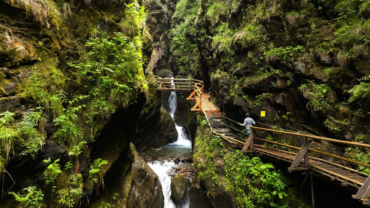 Das Bild zeigt die Raggaschlucht, eine beeindruckende Schlucht mit steilen, von Felsen umgebenen Wänden. An den Wänden sind zahlreiche Pflanzen, vor allem moosartige Gräser und Farne, zu erkennen. In der Mitte zieht sich ein kleiner Wasserfall durch die Schlucht, dessen Wasser in ein klares, fließendes Gewässer mündet.  Es gibt mehrere Holzstege und Brücken, die durch die Schlucht führen, einige sind erhöht und bieten einen Blick auf den Wasserfall. Eine Person ist auf dem Steg unterwegs, sie trägt helle Kleidung und bewegt sich in Richtung der Kamera. Die gesamte Szenerie vermittelt ein Gefühl von unberührter Natur und Wildheit, unterstrichen durch die schroffen Felsen und das plätschernde Wasser.  Im Hintergrund sind weitere Holzstrukturen sichtbar, die sich um die Klippen schmiegen. Die Beleuchtung wirkt weich und natürlich, was die grüne Vegetation und die Felsen gut zur Geltung bringt.