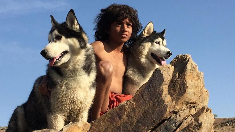 Indisches Kindz zwischen zwei Hunden