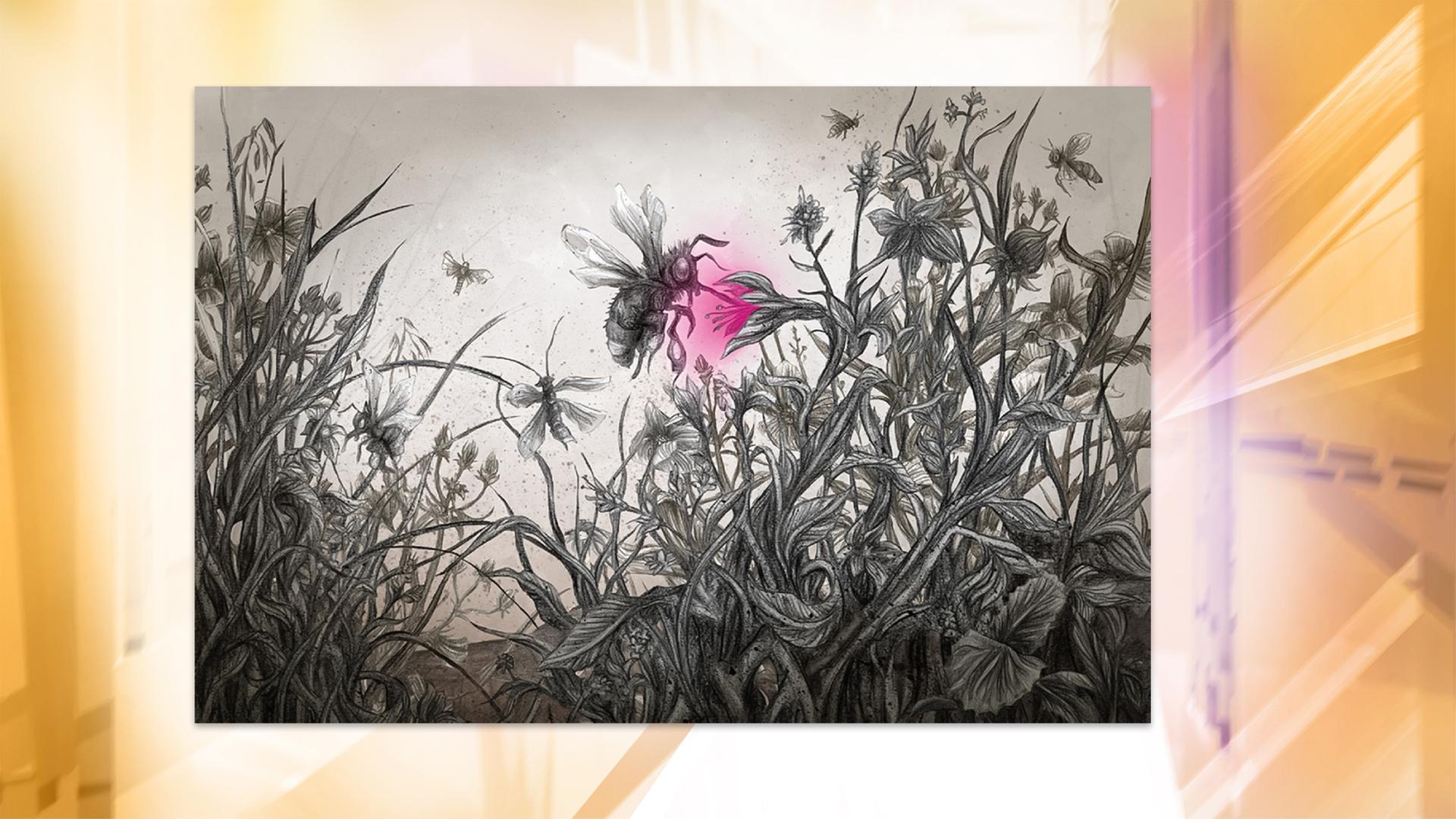 Man sieht die Illustration einer Biene, die an einer Blüte trinkt.