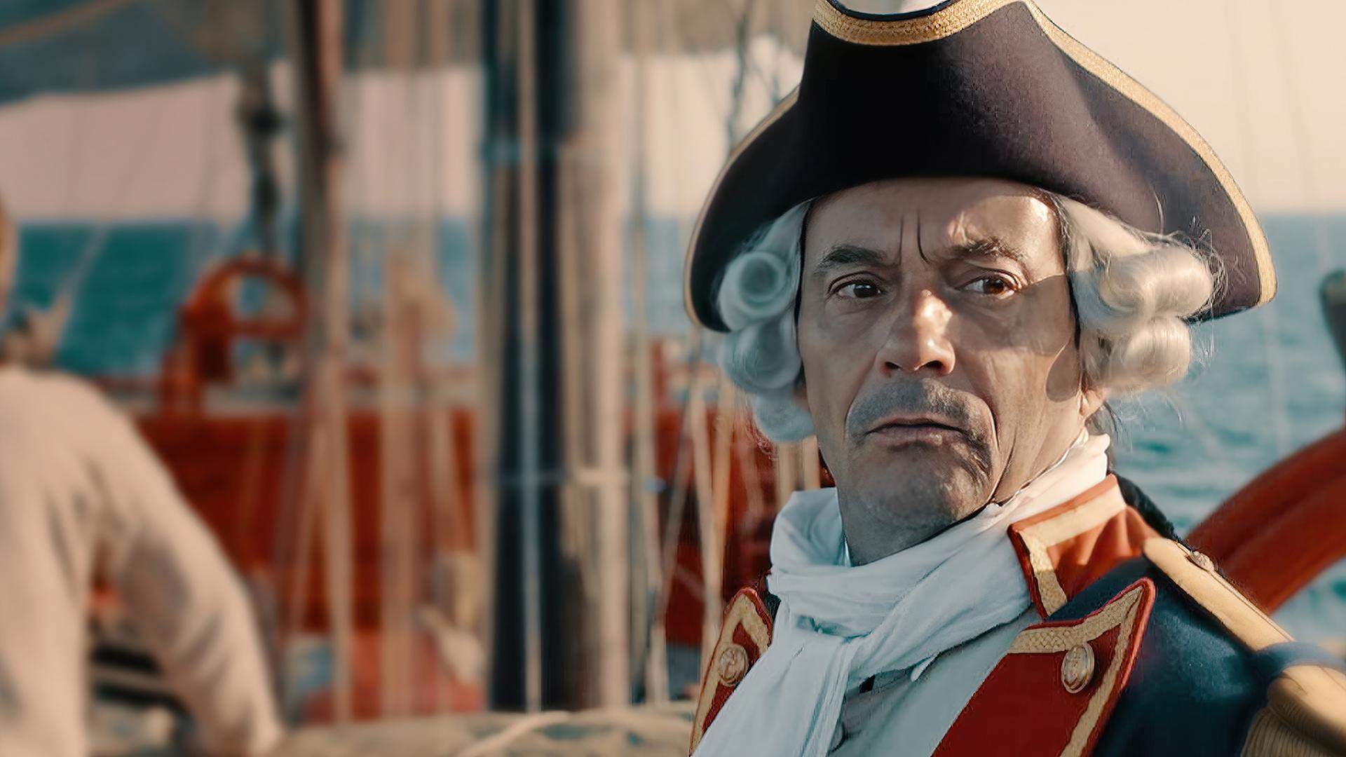 Louis Antoine de Bougainville rechts im Bild. Er steht auf seinem Schiff.