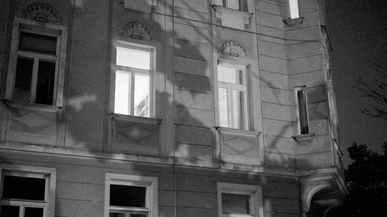 Eine Altbaufassade im Dunkeln, zwei Fenster sind beleuchtet