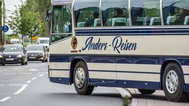 Das Bild zeigt einen Reisebus mit der Aufschrift „Anders-Reisen“. Der Bus ist mehrfarbig in einem cremefarbenen und dunkelblauen Design gehalten. Er befindet sich an einer Straßenkreuzung, wo er leicht schräg in den Vordergrund fährt. Im Hintergrund sind weitere Fahrzeuge zu sehen, die auf der Straße unterwegs sind. Links vom Bus sind einige Bäume zu erkennen, die dem Bild einen grünen Hintergrund verleihen. Es handelt sich um eine städtische Umgebung mit einer Fahrbahn und einem Fußweg, der an den Rand der Straße angrenzt. Die Stimmung wirkt eher ruhig und alltäglich.