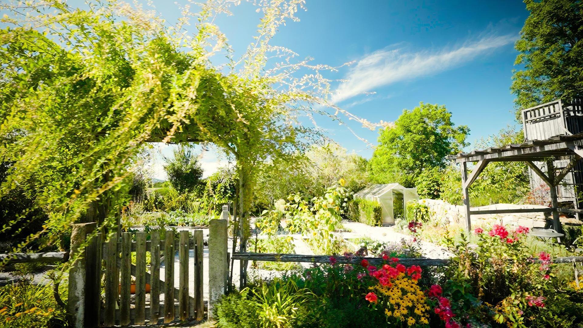 Das Bild zeigt einen wunderschönen Garten, der sich über 5000 Quadratmeter erstreckt. Im Vordergrund ist ein hölzernes Tor zu sehen, das auf einen gepflegten Gartenbereich führt. Um das Tor herum wachsen dichte, grüne Pflanzen, die eine einladende Atmosphäre schaffen.  Der Garten ist geprägt von einer Vielzahl von bunten Blumen und Sträuchern, die lebendige Farbtupfer setzen. Gelbe und rote Blüten sind besonders auffällig. Im Hintergrund sind verschiedene Bäume zu erkennen, die dem Garten Struktur und Schatten spenden.  Eine transparente Pflanze oder ein Gewächshaus ist auf der rechten Seite des Bildes zu sehen, was darauf hinweist, dass hier auch Gartenarbeit betrieben wird. Über dem Garten zieht ein klarer, blauer Himmel mit ein paar Wolken, was auf einen sonnigen Tag hindeutet.  Insgesamt vermittelt die Szene Harmonie und zeigt die Vielfalt und Schönheit der Natur.