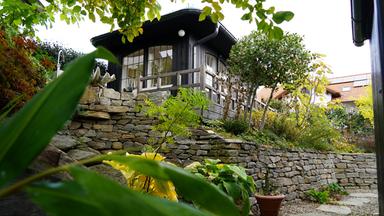 Das Bild zeigt einen asiatisch inspirierten Garten in Niederösterreich. Im Vordergrund sind große, grüne Blätter zu sehen, die einen Teil des Bildes einnehmen. Der Hintergrund zeigt eine steinige Terrasse mit einem halbkreisförmigen, dunklen Holzgebäude, das große Fenster hat und einen Balkon oder eine Veranda mit Holzgeländer aufweist.  Auf der Terrasse wachsen verschiedene Pflanzen, darunter Sträucher und kleine Bäume. Im Hintergrund sieht man weitere Gebäude mit roten Ziegeldächern und einige dekorative Elemente, die dem Garten eine einladende Atmosphäre verleihen.  Die Gestaltung des Gartens betont Nachhaltigkeit, erkennbar an den steinernen Mauern, die die verschiedenen Pflanzenbereiche abgrenzen und den Unterschlupf für Tiere bieten. Der gesamte Bereich vermittelt ein harmonisches und naturverbundenes Ambiente.