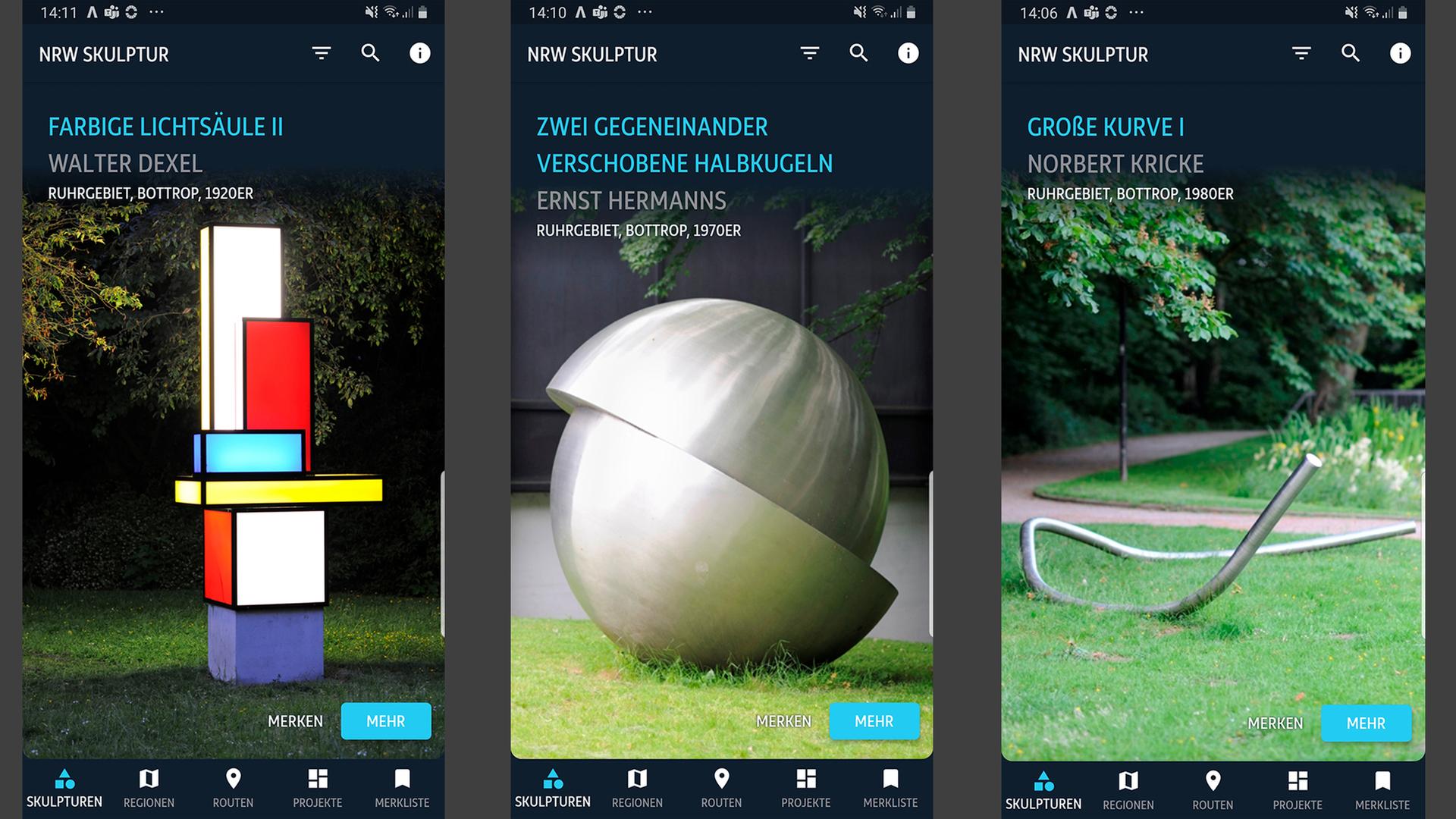 Handy-Screenshots von einer App, die Skulpturen in NRW zeigt und erklärt