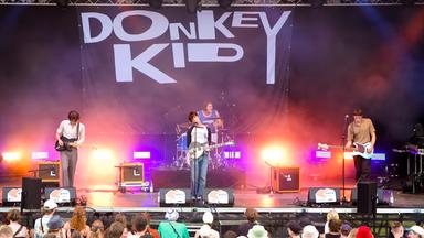 Vier Personen mit E-Gitarren und Schlagzeug stehen auf einer beleuchteten Open-Air Bühne. Über ihnen der Schriftzug Donkey Kid.
