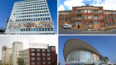 Eine Collage mit vier Ansichten von verschiednene Häusern aus der DDR-Zeit