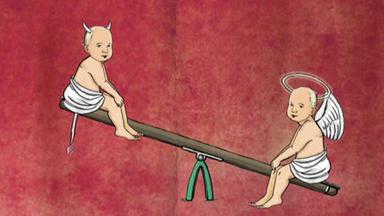 Engelchen und Teufelchen wippen auf einer Wippe. 