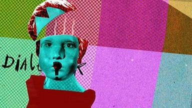 buntes, künstlerisches Zeichentrickbild eines Frauenkopfes mit halb geöffnetem Kopf