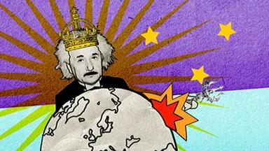 animiertes Bild von Albert Einstein mit Krone. Vor ihm die Erde und einige Sterne.
