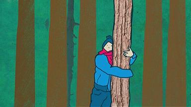 Zeichentrickbild eines Mannes, der einen Baum umarmt. 