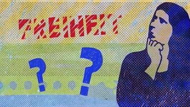 Zeichentrickbild einer denkenden Frau. Daneben das Wort Freiheit und einige Fragezeichen.