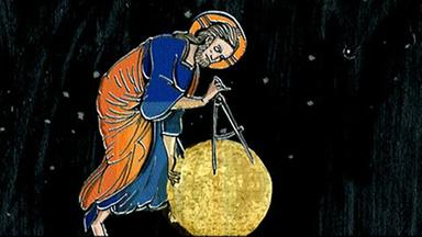 Animation eines Heiligen, der die Sonne mit einem Zirkel ausmisst.