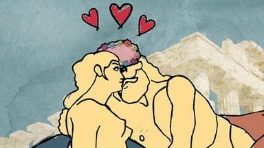 animiertes Bild von einem sich küssenden Paar. Darüber drei rote Herzen.