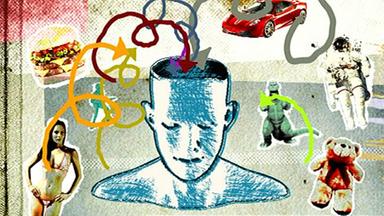 animie4rtes Bild eines offenen Kopfes: Pfeile gehen von Objekten wie einem Auto, Astronaut, Hamburger, Frau und Kuscheltier in den Kopf hinein.