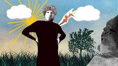 verwirrendes Zeichentrickbild: Im Vordergrund steht ein Mann mit seltsamen Blick. Im Hintergrund Sonne, Wolken, Bäume. Vorne rechts eine antike Steinfigur eines Kopfes.