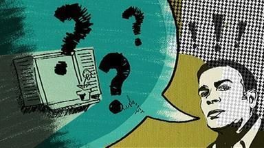 Zeichentrickbild eines Mannes. An seinem Mund ist eine Sprechblase. In dieser ist ein Computer zu sehen. Außerdem einige Fragezeichen.