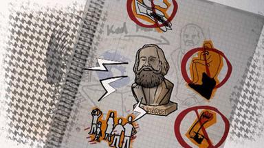 Bild eines karierten Blocks. Darauf gezeichnet eine Büste von Marx, sowie durchgestrichene Symbole.