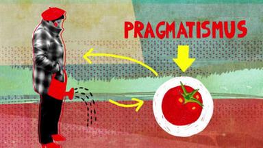 Bild eines gießenden Gärtners. Ein Pfeil verweist auf eine Tomate.