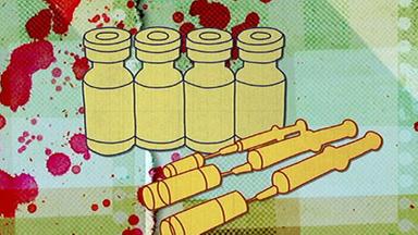 Zeichentrickbild von 4 kleinen Medizinflaschen. Davor liegen drei Spritzen. 