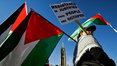 Ein Mann mit Palästinensertuch trägt bei einer Demonstration palästinensische Flaggen.